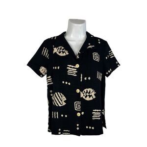 Teddi Button Down Shirt Size 10 Black Cream Tribal Print Short Sleeve Collared